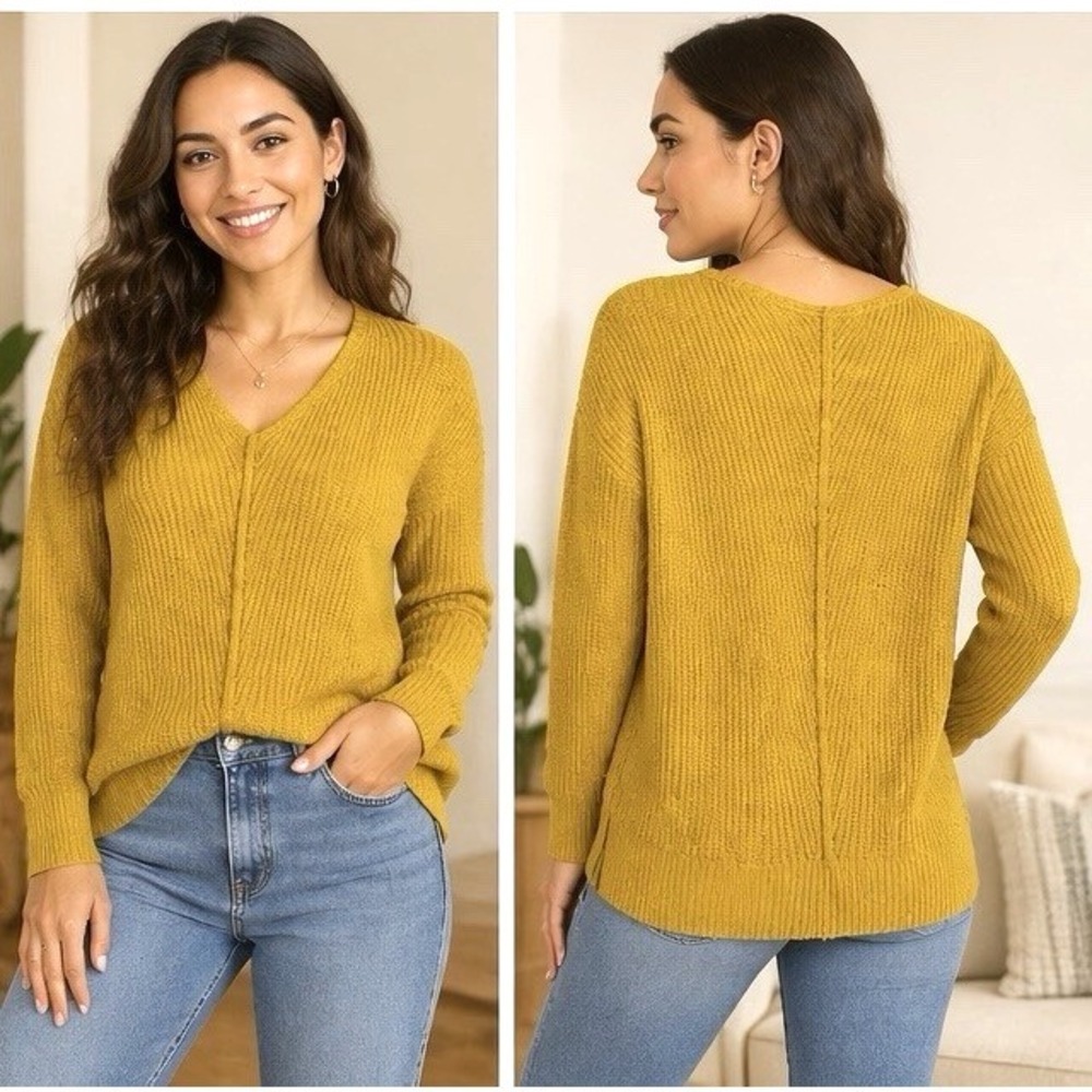 Women's Ribbed Knit Sweater Mustard Yellow V-Neck Ruby Moon Size M